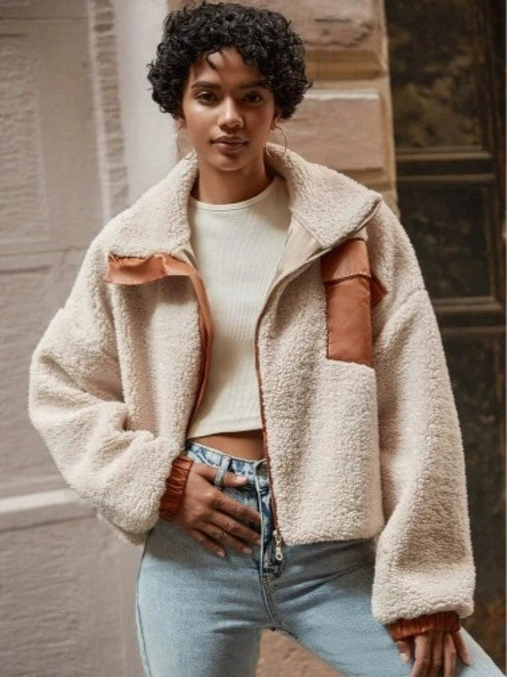 Zara Winter Casual Leather Trim Shearling Short Zip Cardigan